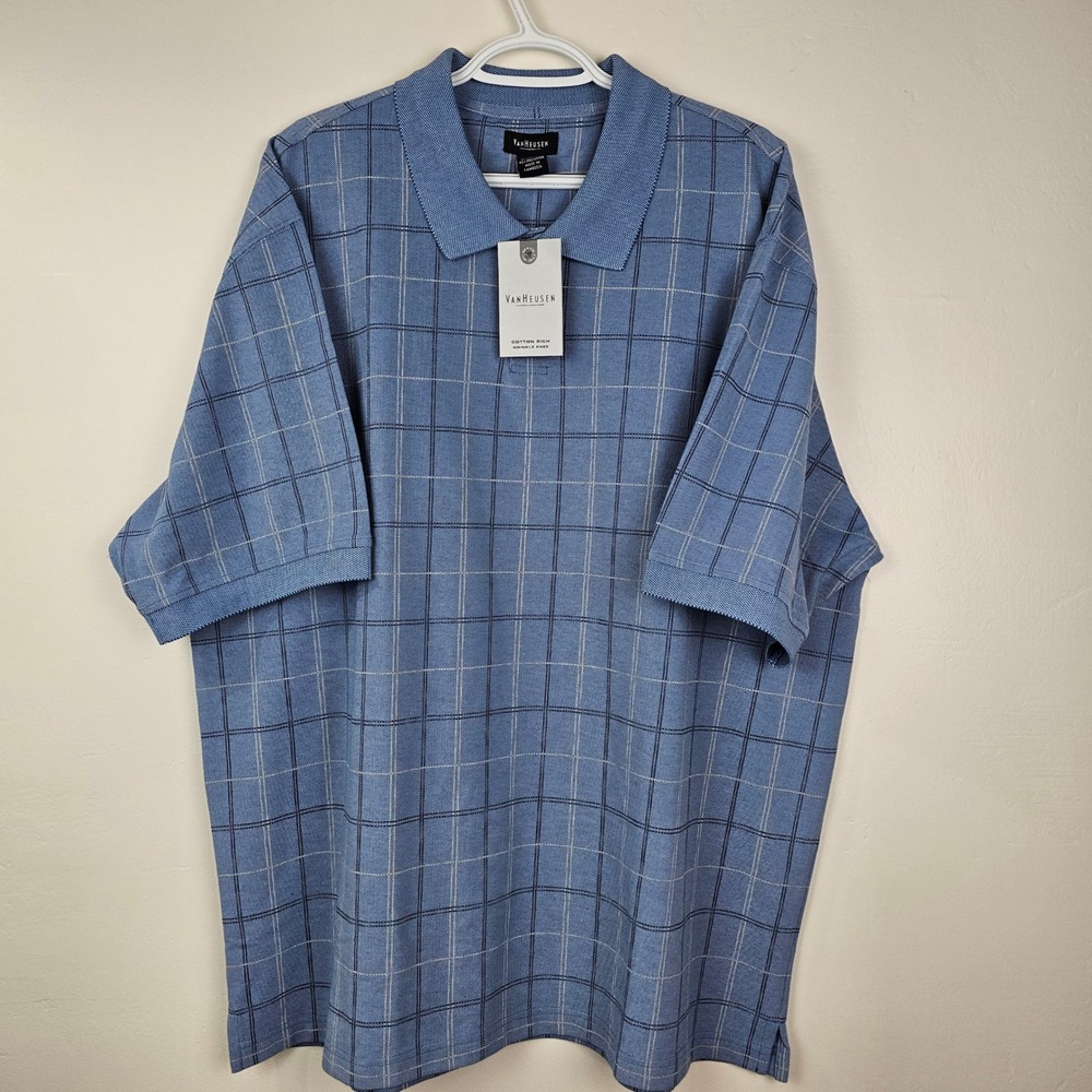 Van Heusen Polo Mens XXL Blue Plaid Short Sleeve Wrinkle Free Cotton Rich Casual